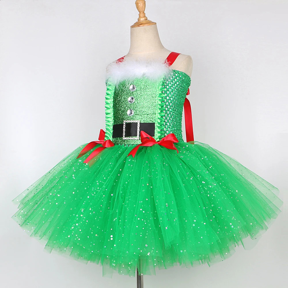 Girl's Dresses Sparkly Christmas Elf Tutu Dress for Girls Santa Claus Costumes for Kids Birthday Halloween Outfit Children Xmas Holiday Clothes 231109