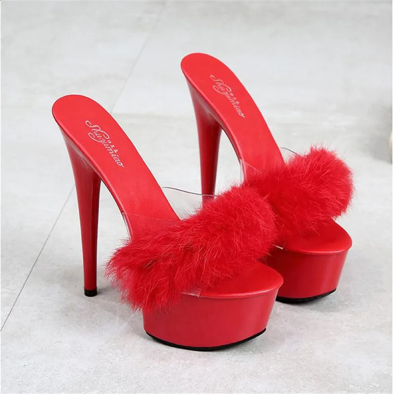 Slippers Women Club Rabbit Hair Special High Heels And Sexy Black Waterproof Platform Highheels Sandals Female LFD 231110