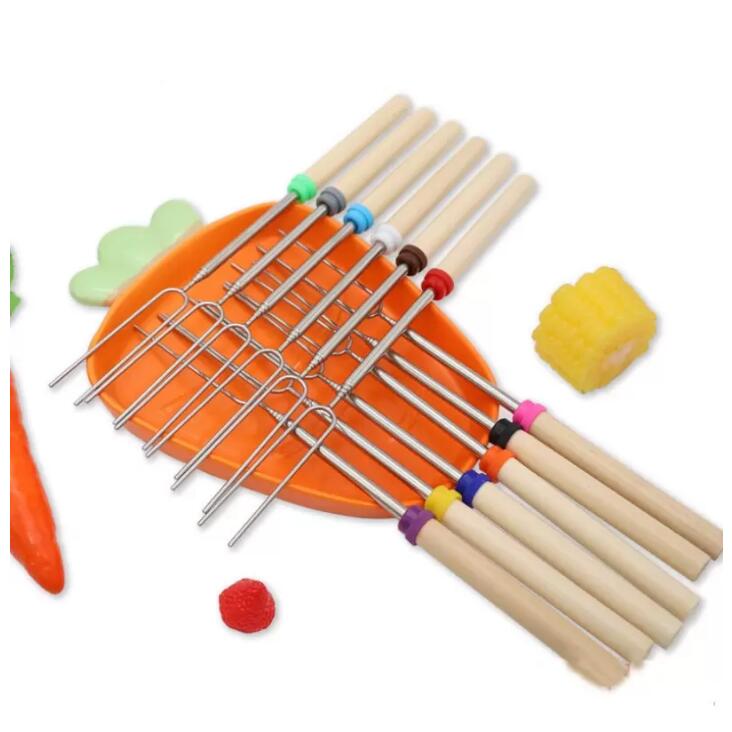 Outils de barbecue en acier inoxydable, bâtonnets télescopiques à rôtir pour hot-dog à la guimauve, brochettes, rôtissoire extensible avec manche en bois pour la cuisine/feu de camp/feu de joie/grill Smores