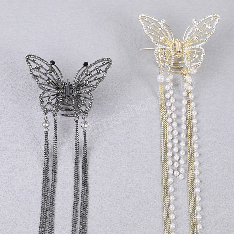 Hembra Mariposa Pearl Tassel Hair Claw Rhinestone Clip Corea Cangrejo Cangrejo Cangrejo Cangrejo Cabello Accesorios para el cabello