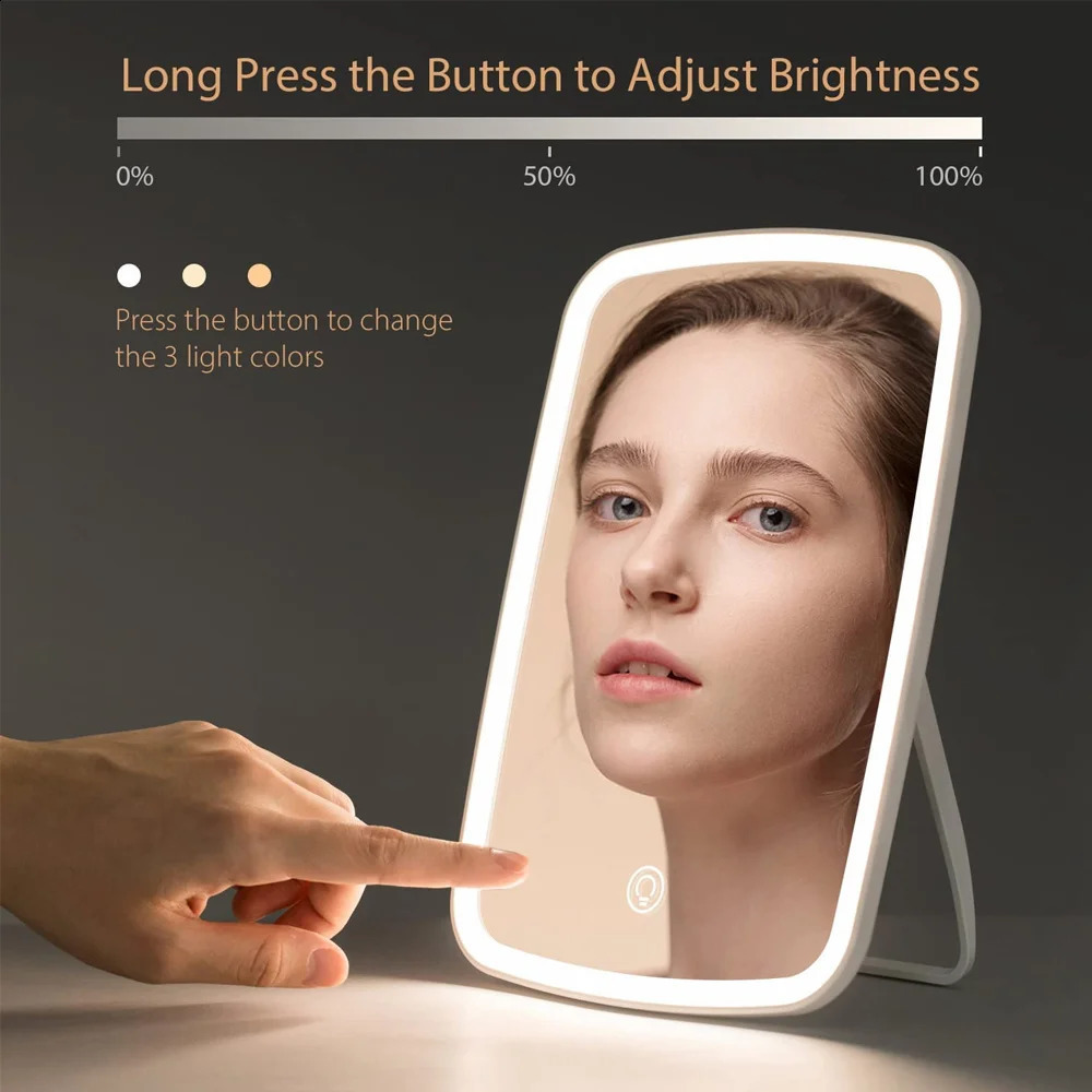 Miroirs compacts Miroir de maquillage miroir de courtoisie à écran tactile avec LED 3 couleurs lumière USB rechargeable écran tactile miroir cosmétique outils pour voyage 231109
