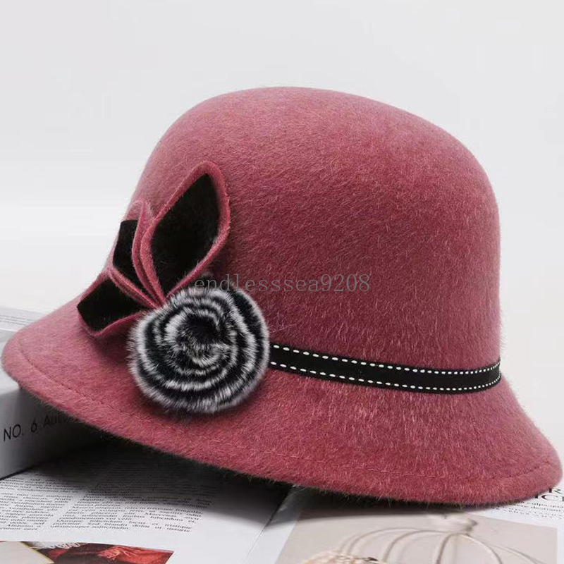 Elegant Wool Hat With Plush Felt Ball Flower Ornament Fashion Solid Color Comfortable Bowler Cap European Retro Woman Dome Hat