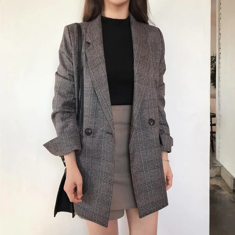 Women's Wool Blends Women Winter Plaid Blazers Coats Korean Fashion Elegant Solid Thick Jacket Female Double Breasted Office Lady Long Overcoat 231109