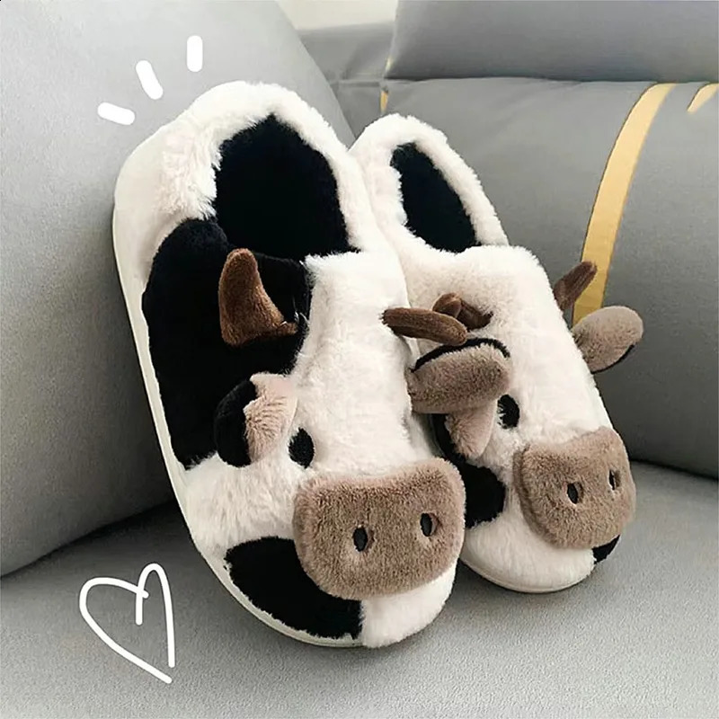 Slippers WENYUJH Cute Fluffy Cow Slippers Kawaii Fluffy Winter Warm Slippers Woman Cartoon Milk Cow House Slipper For Women Girls 231109