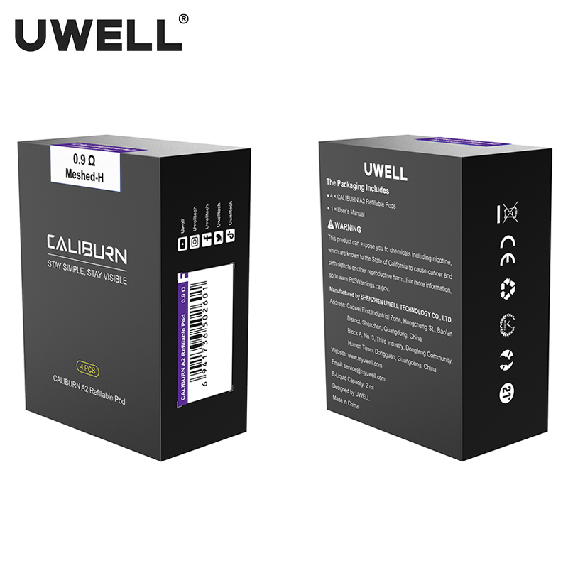 Uwell Caliburn A2 Pod-Kartusche, obere Füllung, 2 ml E-Liquid-Kapazität, sichtbares E-Liquid-Fenster mit FeCrAI UN2 Meshed-H 0,9 Ohm Coil Vape E-Zigarette, 4 Stück/Packung, authentisch