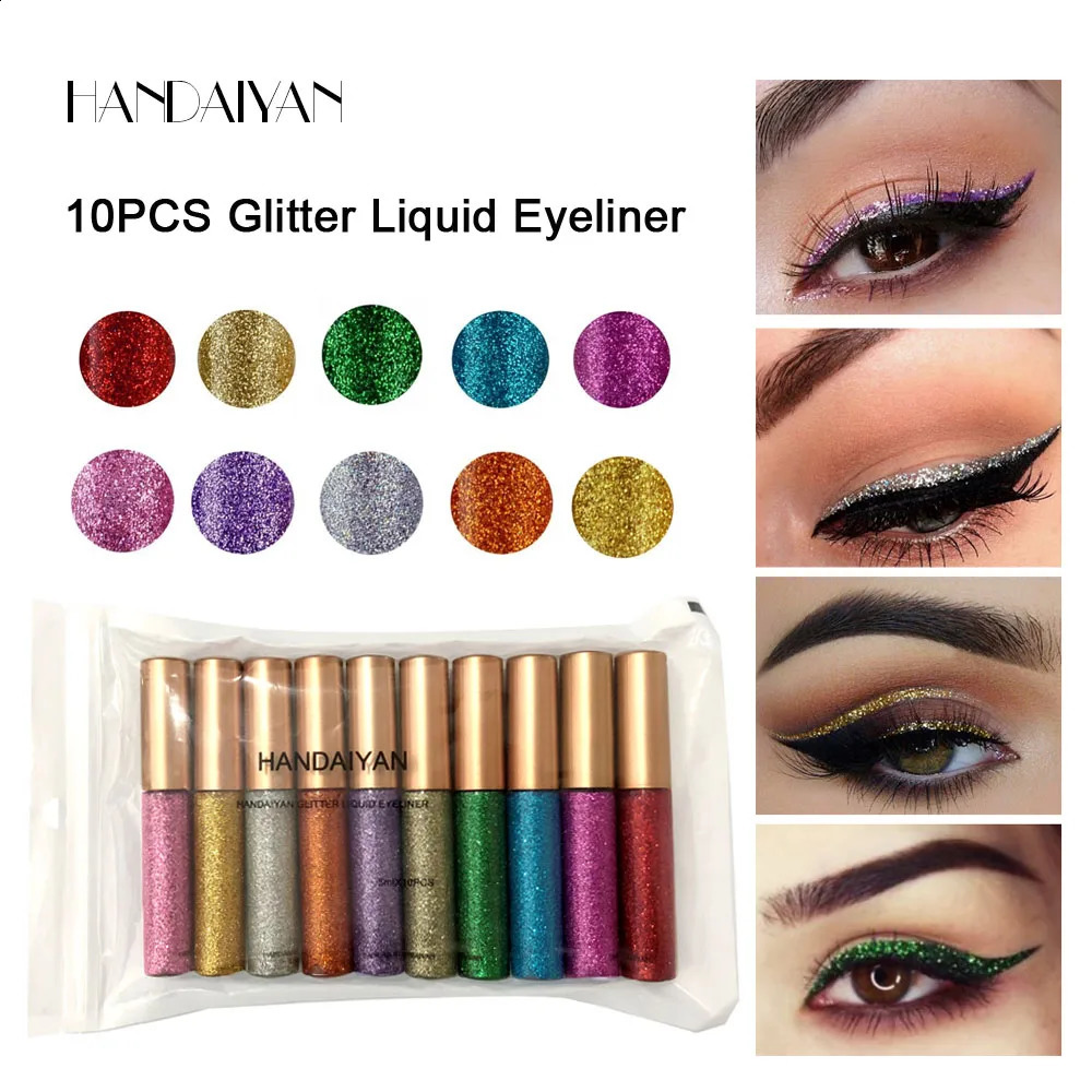 Combinaison ombre à paupières/liner HANDAIYAN 10 couleurs/kit Eyeliner pailleté maquillage couleur brillant crayon pour les yeux liquide diamant scintillant stylo Eyeliner blanc Glow Pen 231109