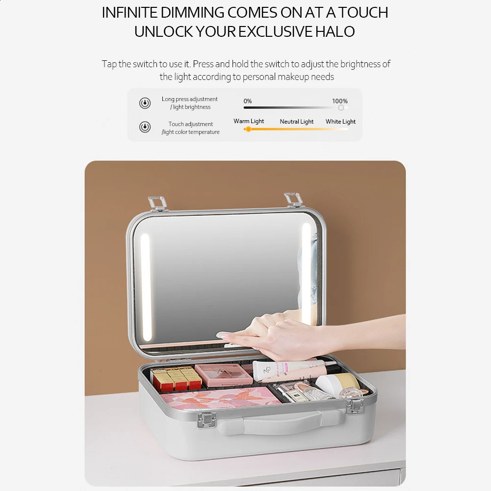 Organizer cosmetici Borsa da toilette da donna con specchio Luce a LED Borsa trucco da donna Custodia portatile impermeabile di grande capacità trucco da viaggio 231102