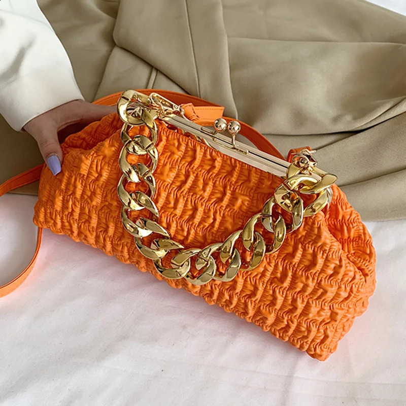 Evening Bags Luxury Brand Women Purple Orange Crossbody Bags Clip Handbags And Purse Prom Clutch Female Thick Chain Ruched Shoulder Bags 231110