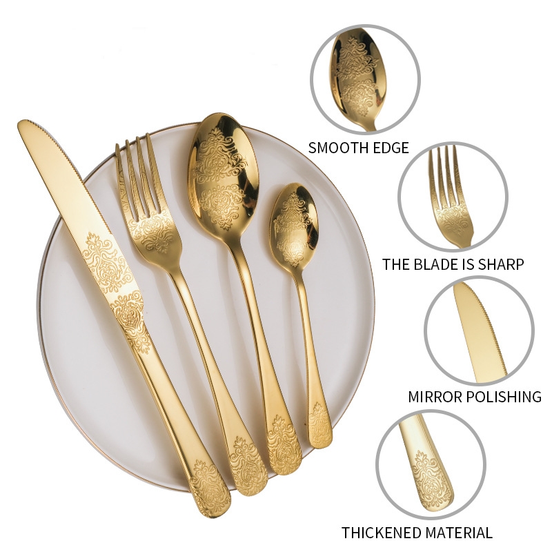 4stLuxury Gold Table Seary Set Rostfritt stål Cutlery Set Kniv Cutleries gafflar Kniv Kunnt middagsbröllop Favor Gift Q714