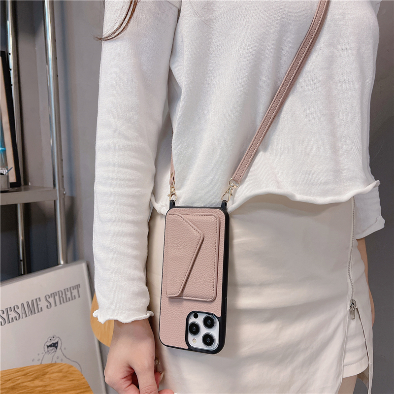 Custodia telefono Crossbody Folio Lychee Grain Vogue iPhone 14 13 12 11 Pro Max Robusta fessura cordino regolabile Porta carte in pelle solida Frizione Cover posteriore Antiurto