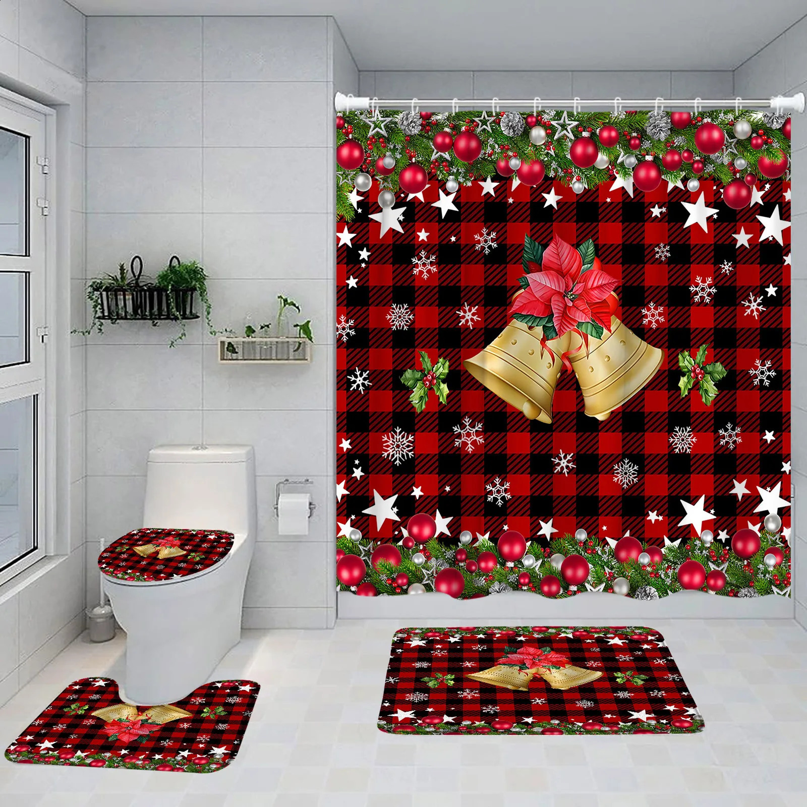 Douchegordijnen Kerstgordijn Winter Sneeuwvlok Bal Gnome Elanden Bel Rode en Zwarte Plaid Badkamer Deur Set Home Decor 231109