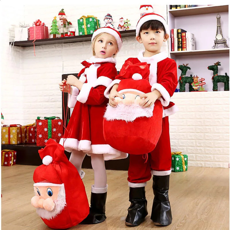 Tuxedos Dzieci dziecko Bożego Narodzenia Cosplay Cosplay Święty Mikołaj Baby Xmas Strój Set Sukienka Spodnie Tops Pasek Pasek dla chłopców Dziewczyny 231109