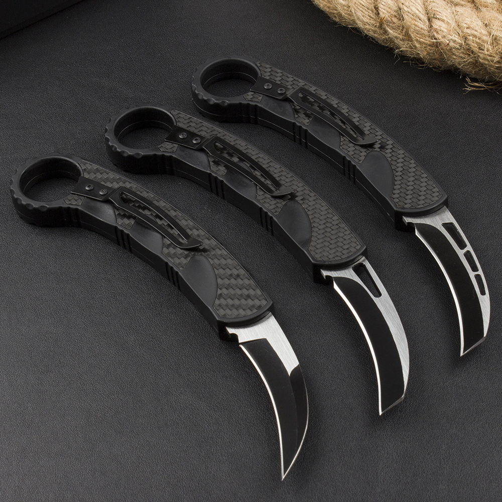 nouveau couteau à griffes karambit tactique automatique 440C lame bicolore noire en alliage zn-al / poignée en fibre de carbone couteaux de survie en plein air avec gaine en nylon