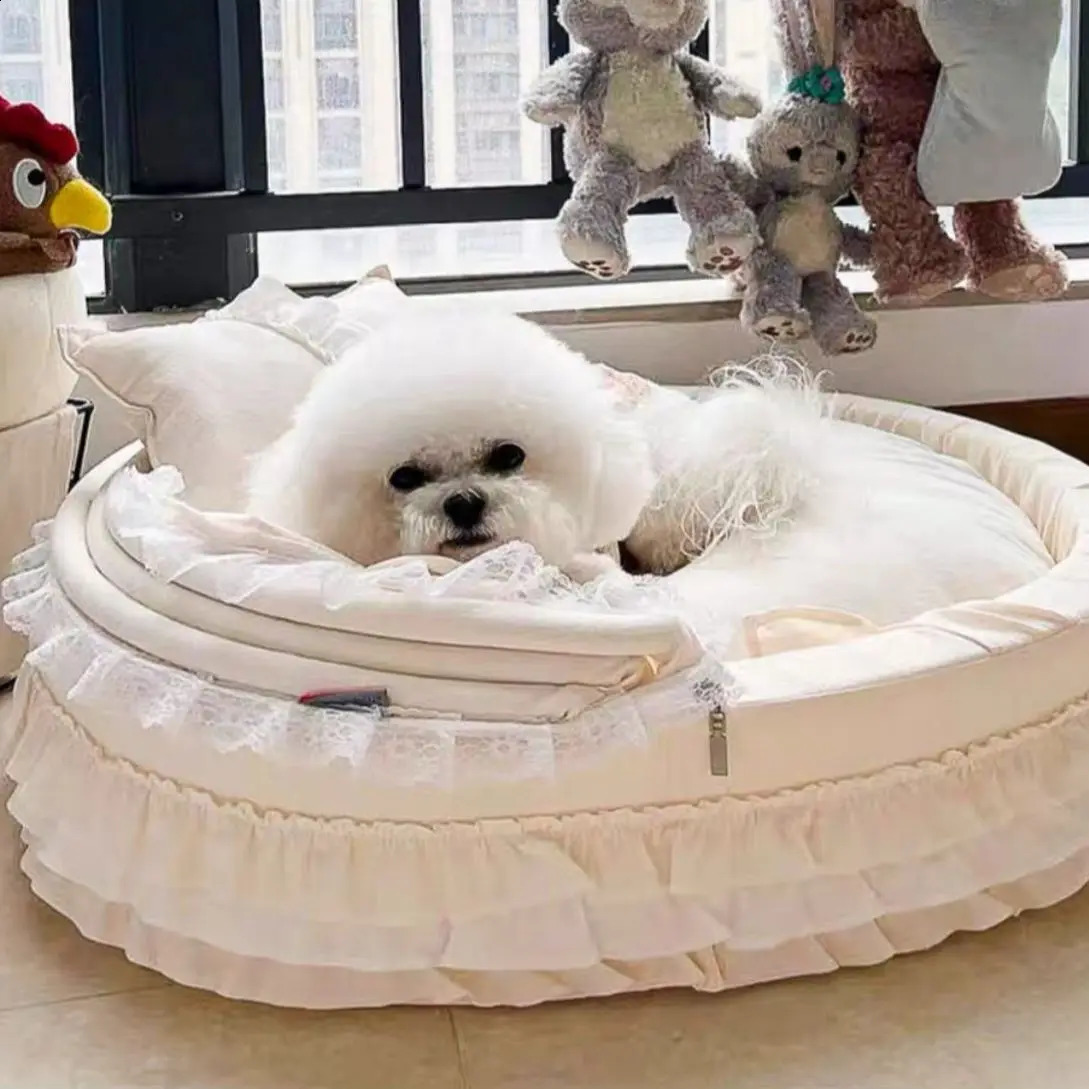 Canis canetas Pet Berço Cama com Algodão Filhote de Cachorro Gatinho Princesa Cama - Pet Sofá Almofada Do Cão Filhote de Cachorro Berço Cama Morandi Bege 231109