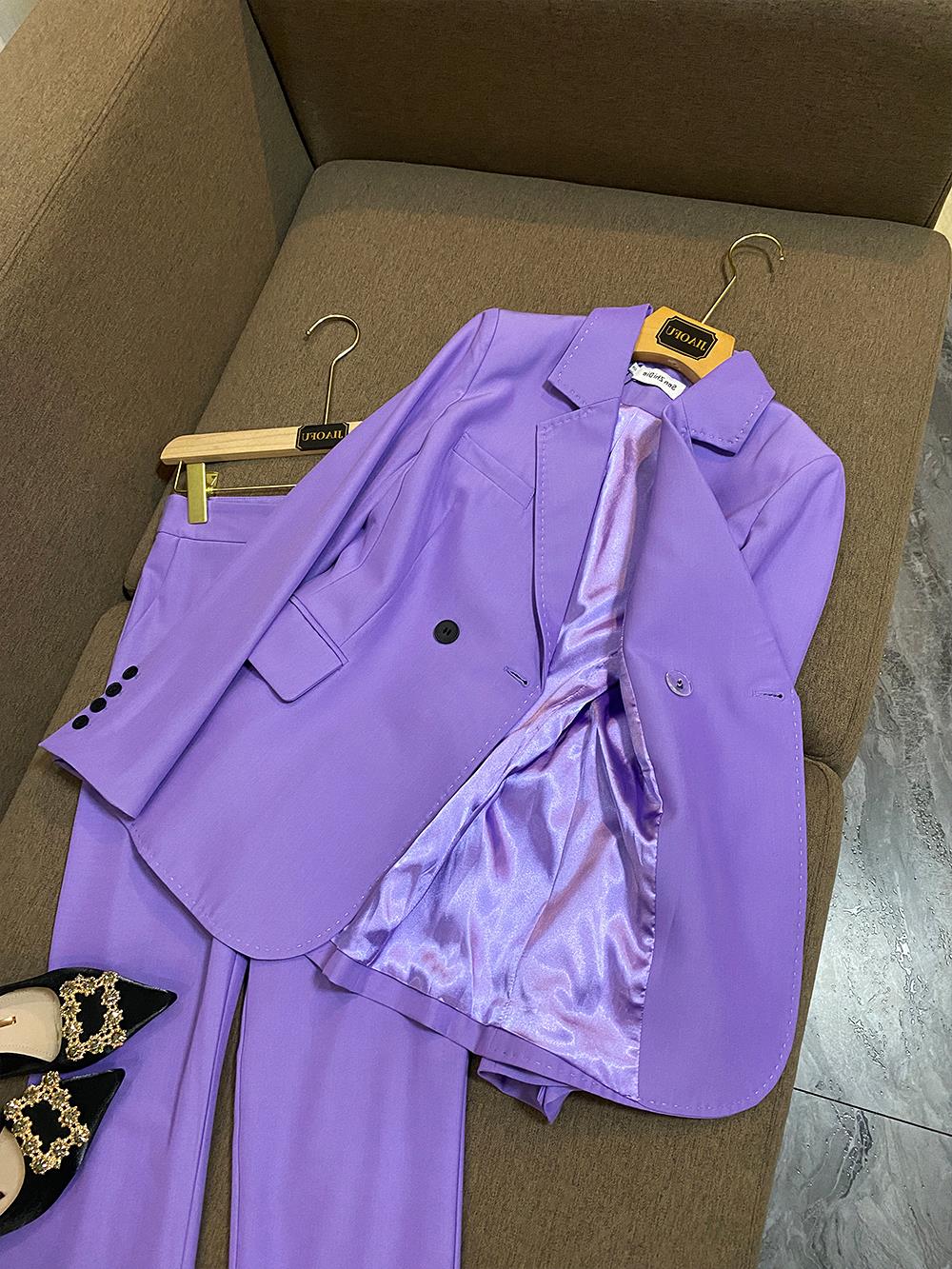 2023 Autumn Purple Solid Kolor Dwuczęściowe spodnie Zestawy do podcięcia Lapel z długim rękawem z podwójną lapelą Top z kamizelką długie spodnie Zestaw 3 sztuki