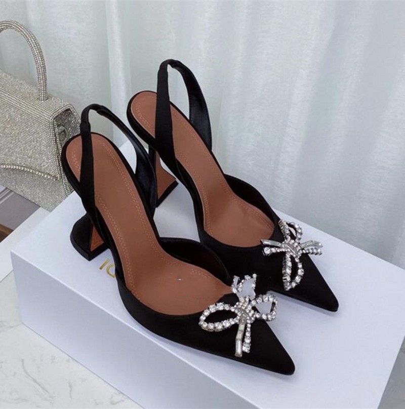 Jeweled Crystal Butterfly-Knot Sandals Women High Goblet Heel Luxury Satin Pointed Toe Summer Wedding Dress Shoes