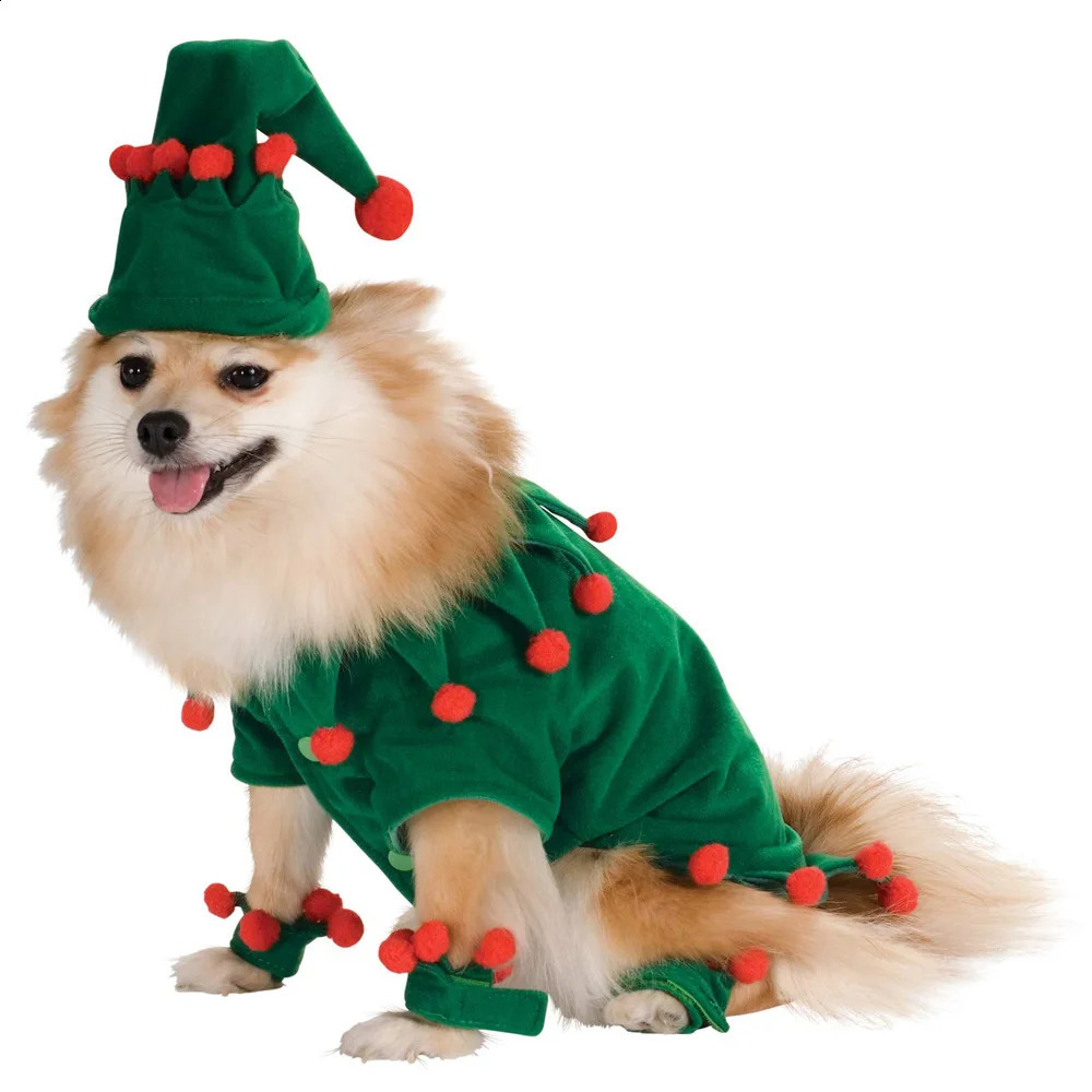 Vêtements pour chiens Vêtements de chien de Noël Costume d'elfe vert avec chapeau Costume de Noël pour chat Ensemble Cosplay Vêtements pour animaux de compagnie Chihuahua Vêtements chauds Manches 231110