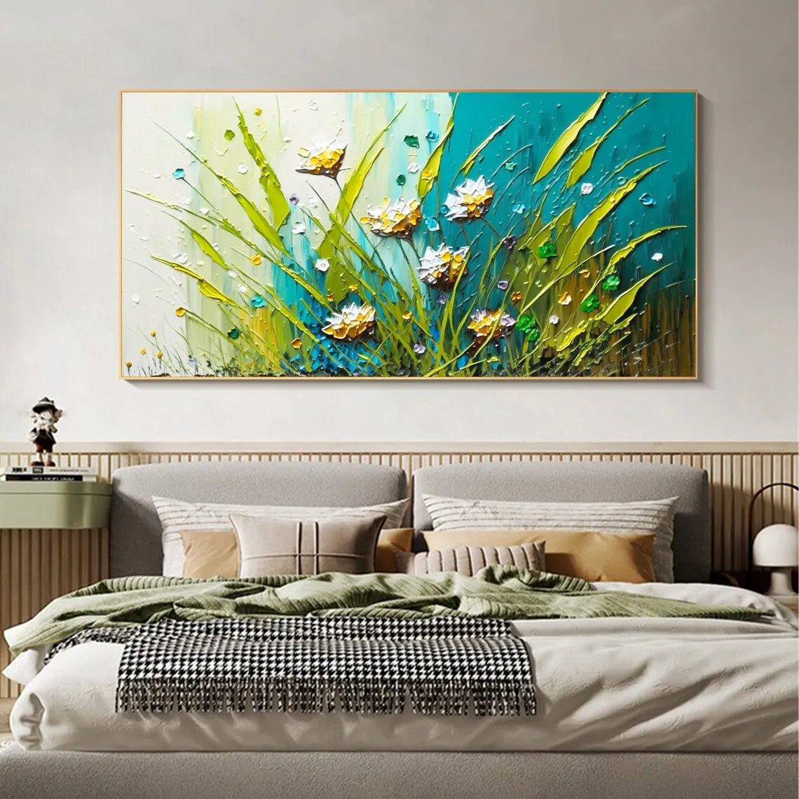 Peinture à l'huile de grande fleur sur toile, art moderne à texture épaisse, décoration de maison de plantes vertes abstraites, œuvre d'art de salon peinte à la main