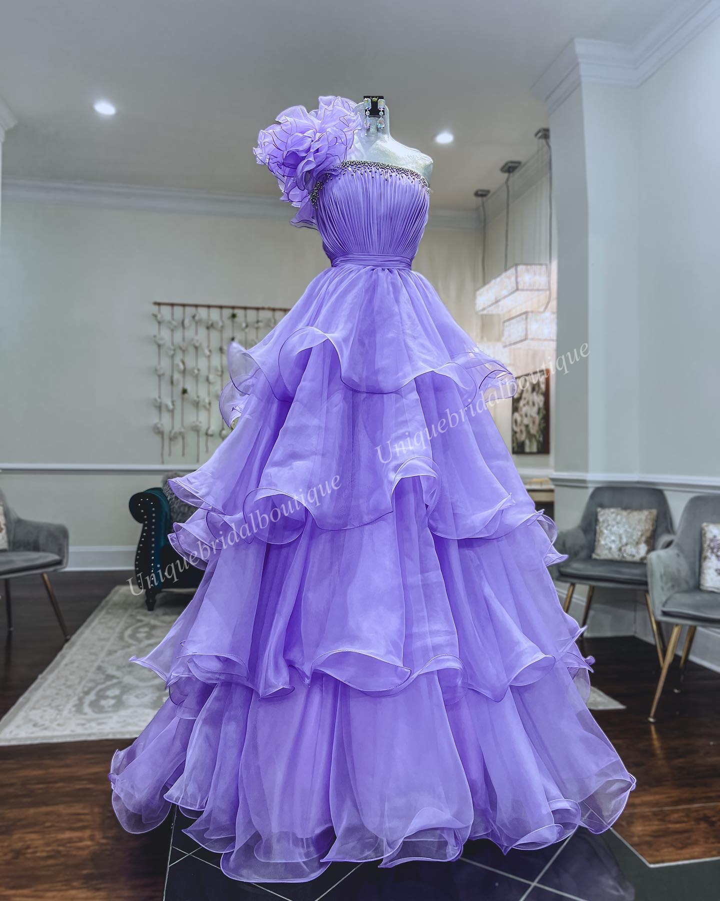 Lilac Prom Dress 2k24 Ruffles One-Shoulder Layer Organza Long Lady Preteen Pageant Gown Formal Evening Cocktail Party Wedding Guest Red Capet Runway Gala Black-Tie