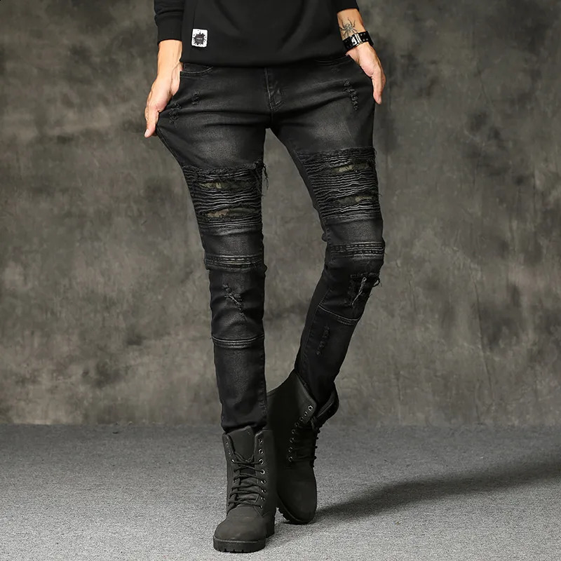 Men's Jeans High quality new men's torn jeans cotton black ultra-thin motorcycle jeans men's vintage skinny jeans hip-hop pants 231109