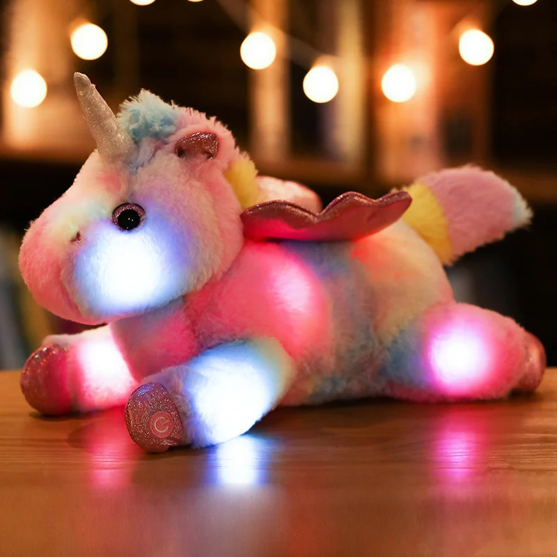 Up Toys Up Toys colorido unicórnio luminoso LED PLUSH PLUSHOW CUSHION KIRS Toy Toy Byled Animal Doll Birthday Navidad Gift for Child Girl 231109