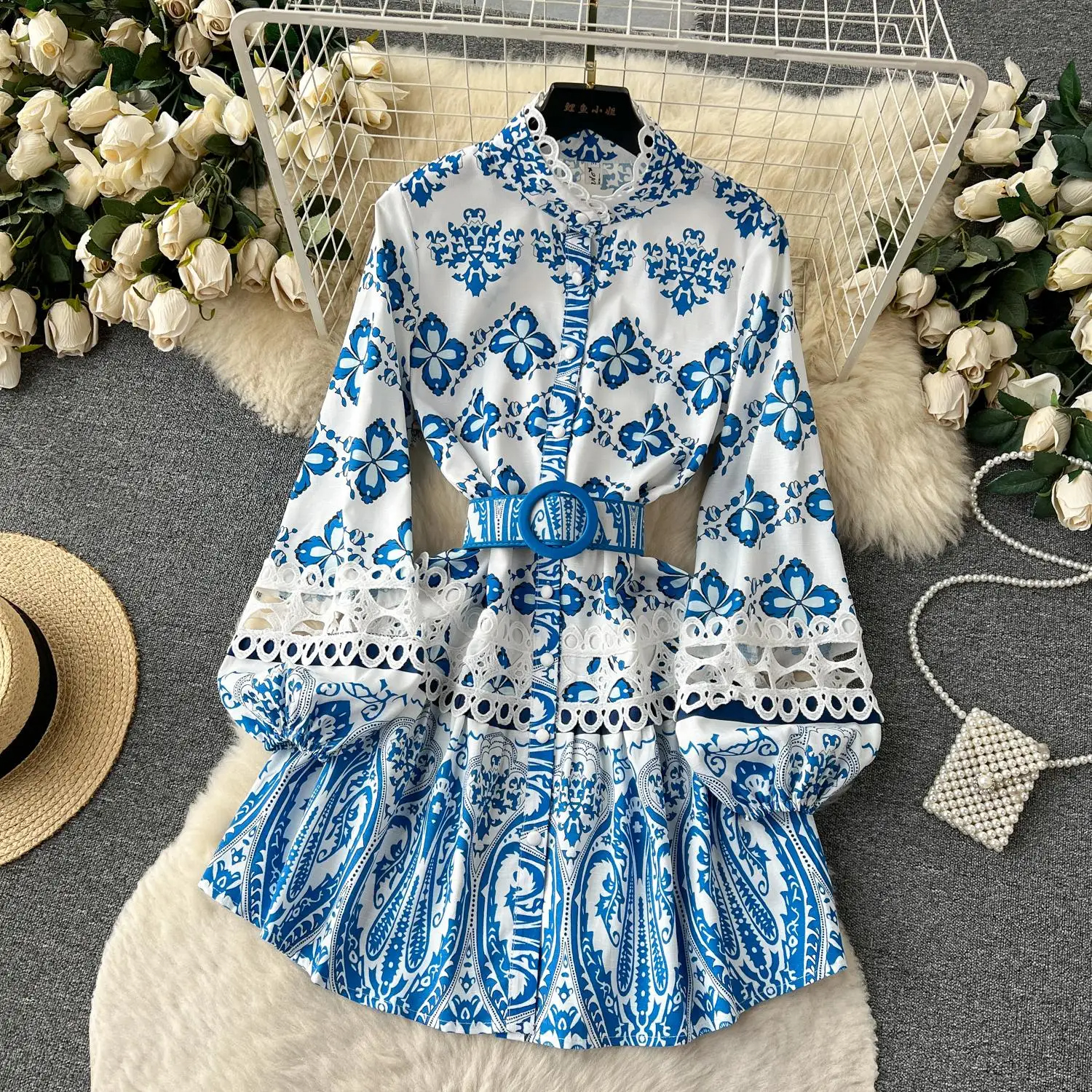 Basic Casual Dresses Women Embroidery Hollow Out Stitching Flower Dress Runway Stand Puff Sleeve Single Breasted Floral Print Belt Mini Vestidos 2024