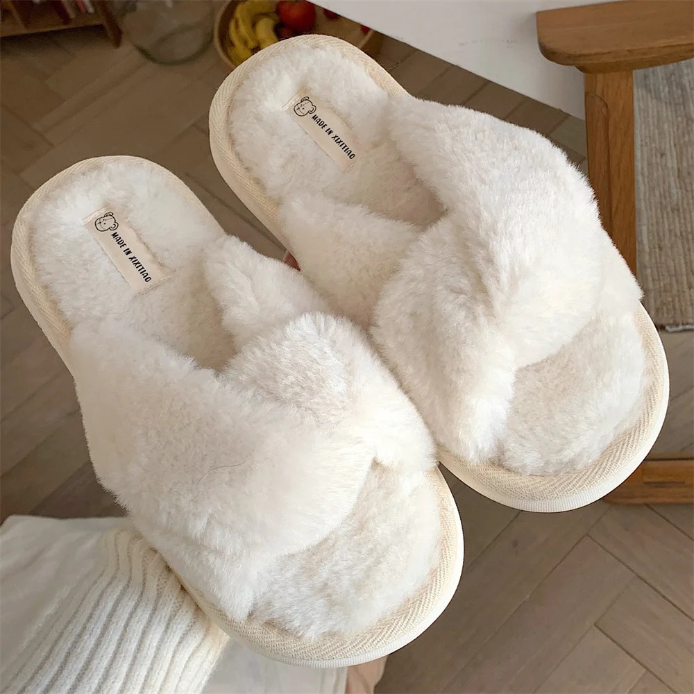 Slippers Fashion Cross Fluffy Fur Slippers Women Winter Home Fur Home Slippers Flat Indoor Floor Shoes Home Indoor Warm Slippers 231109