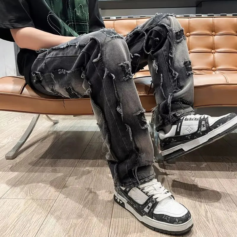 Jeans da uomo 2023 Ropa Grunge Y2K Street Apparel Strappo Stacked Jeans Abbigliamento da uomo Old Black Straight Pantaloni in denim Hip Hop Pantalon Homme 231109