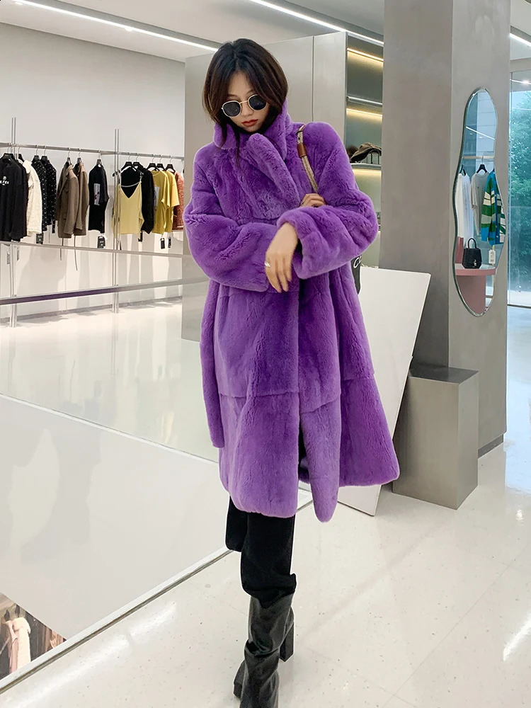 Women's Fur Faux Fur Top Selling Real Rex Rabbit Fur Whole Fur Coat With Suit Collar Fashion Warm Overcoat 100cm Long Purple Jacket Women Winter 231110