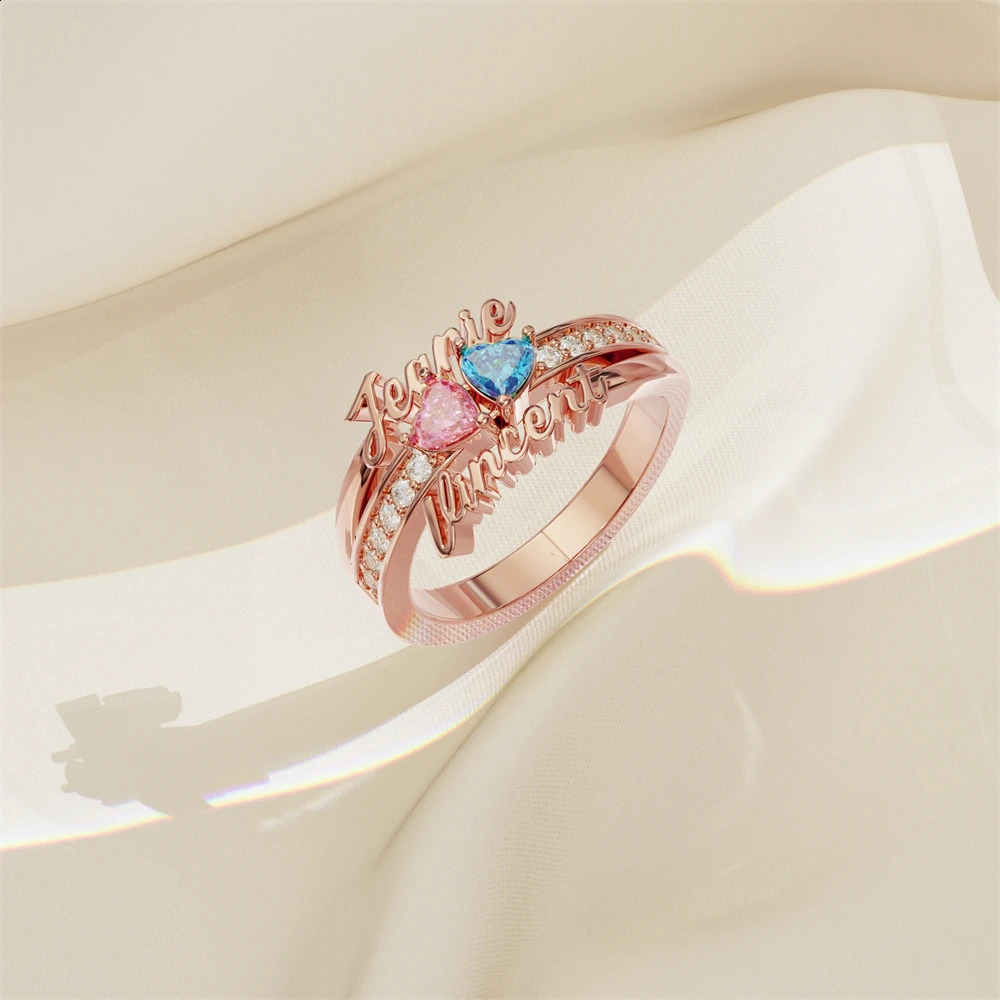 Обручальные кольца Стерлинговое серебро 925 пробы Персонализированное кольцо с 2 именами и камнем в форме сердца 3D кольца с именем на заказ для женщин Рождественские подарки для матери 231102