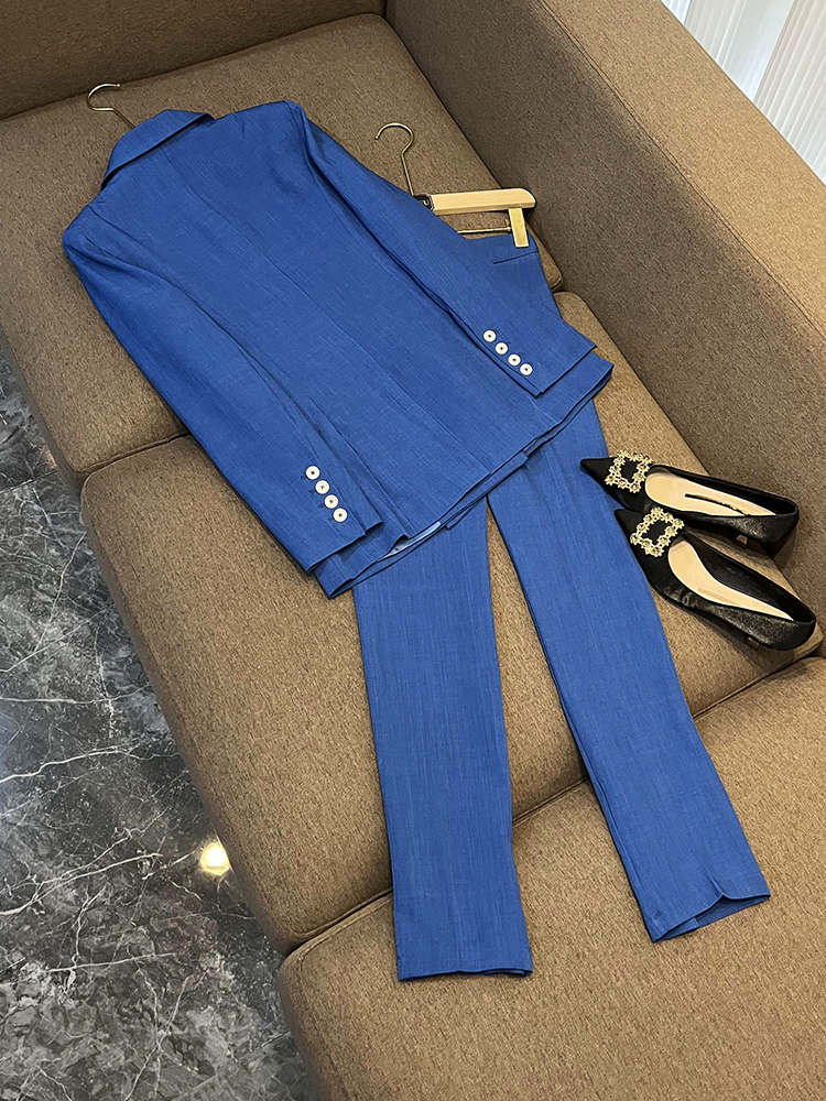 Herfstblauw Effen kleur Tweedelige broeksets Lange mouwen Notched-Revers Double-Breasted Blazers Top met lange broek Set 2-delige Blazerpakken F3N021208022