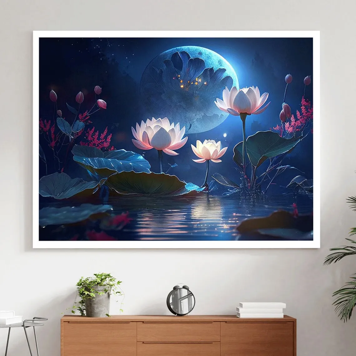 Pintura em tela de flor de lótus azul, arte de parede de paisagem de lírio d'água, grande reprodução de imagem a óleo, presentes de decoração de casa pintados à mão