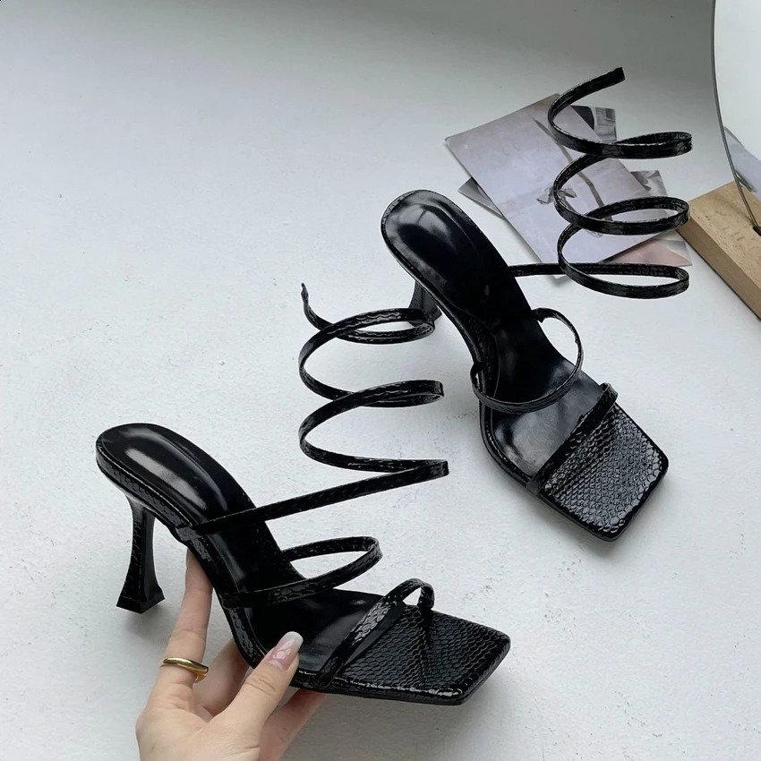 Dress Shoes Women Sandals Sexy Cross Ankle Stiletto Heels Female Slides Narrow Band Party Ladies Shoes Square Toe High Heels Summer 231109