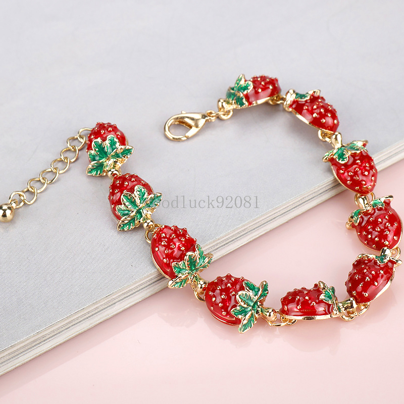 Красные клубничные розы, подвесной браслет, кавайные браслеты с блестящими кристаллами для женщин, фруктовые украшения, аксессуары, подарки для девочек