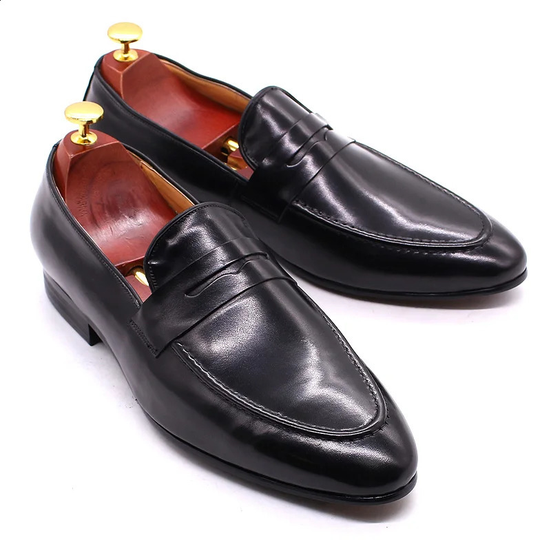 Dress Shoes Classic Men's Penny Loafers Genuine Leather Elegant Wedding Party Casual Dress Shoes Brown Black Slip-On Male Footwear 231110