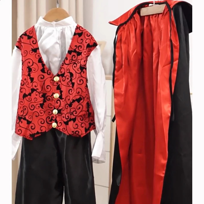 Cosplay Kids Costume Capes Robes Black Red Deluxe Fantasia Dress Up Girl Boys Halloween Shirt Vest Pants Cloak Set i full längd 231109