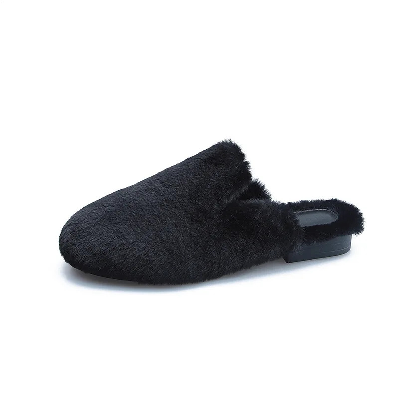 Pantoufles Lisse fausse fourrure pantoufles femmes maison chaussures de plein air hiver blanc laine diapositives moelleux lapin/vison cheveux Mules chambre Pantuflas Mujer 231110