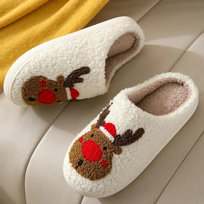 Slippers Christmas Elk Cotton Slippers For Men Women Lovely Cartoon Home Non-Slip Resistant Couples Indoor Bedroom Plush Cotton Shoes 231109