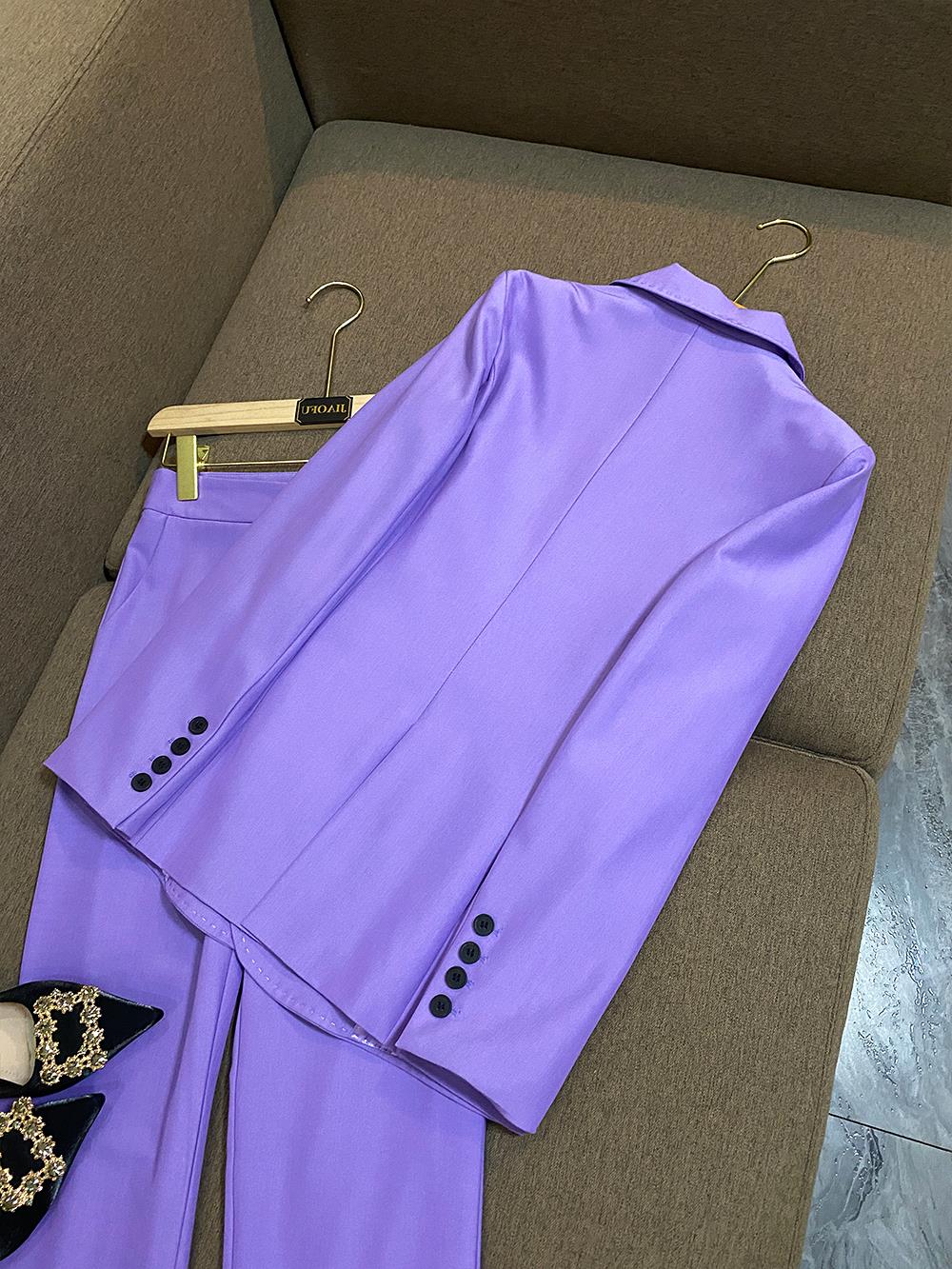 2023 Autumn Purple Solid Kolor Dwuczęściowe spodnie Zestawy do podcięcia Lapel z długim rękawem z podwójną lapelą Top z kamizelką długie spodnie Zestaw 3 sztuki