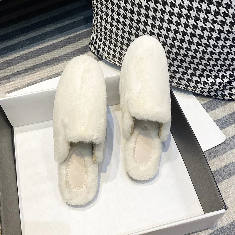 Pantoufles Lisse fausse fourrure pantoufles femmes maison chaussures de plein air hiver blanc laine diapositives moelleux lapin/vison cheveux Mules chambre Pantuflas Mujer 231110