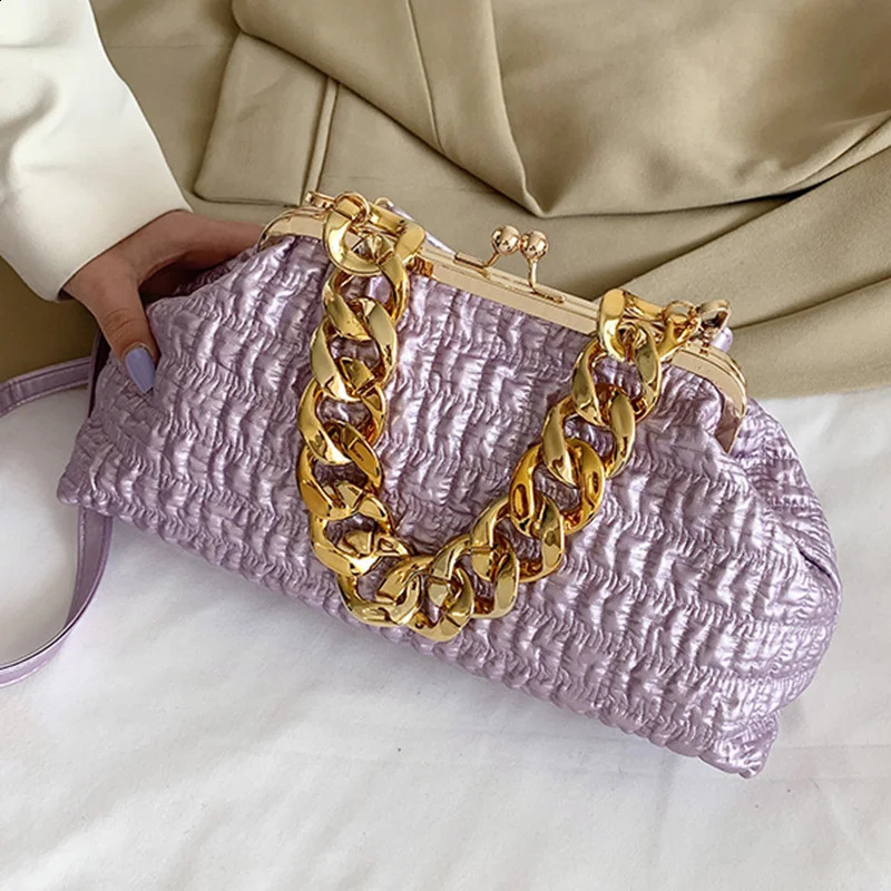 Evening Bags Luxury Brand Women Purple Orange Crossbody Bags Clip Handbags And Purse Prom Clutch Female Thick Chain Ruched Shoulder Bags 231110