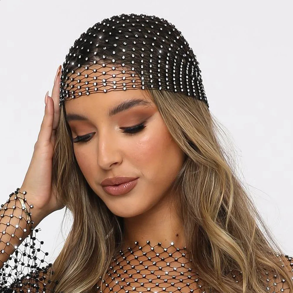 Fasce Stonefans Lusso Strass Testa Sciarpa Accessori capelli le donne Hollow Mesh Crystal Head Cap Fascia capelli Discoteca Gioielli Regalo 231102