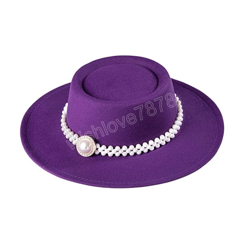 Femmes perle Fedora chapeau feutre large bord Vintage chapeau haut de forme avec ceinture de perles large bord Panama casquette automne hiver