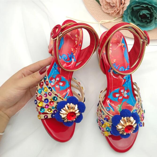 Dames sandalen buckle vintage kleur bedrukte lederen dames schoenen zomerse bloemen strass rond head open teen sexy feminino