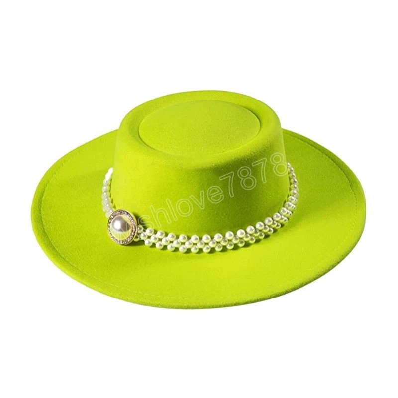 Femmes perle Fedora chapeau feutre large bord Vintage chapeau haut de forme avec ceinture de perles large bord Panama casquette automne hiver