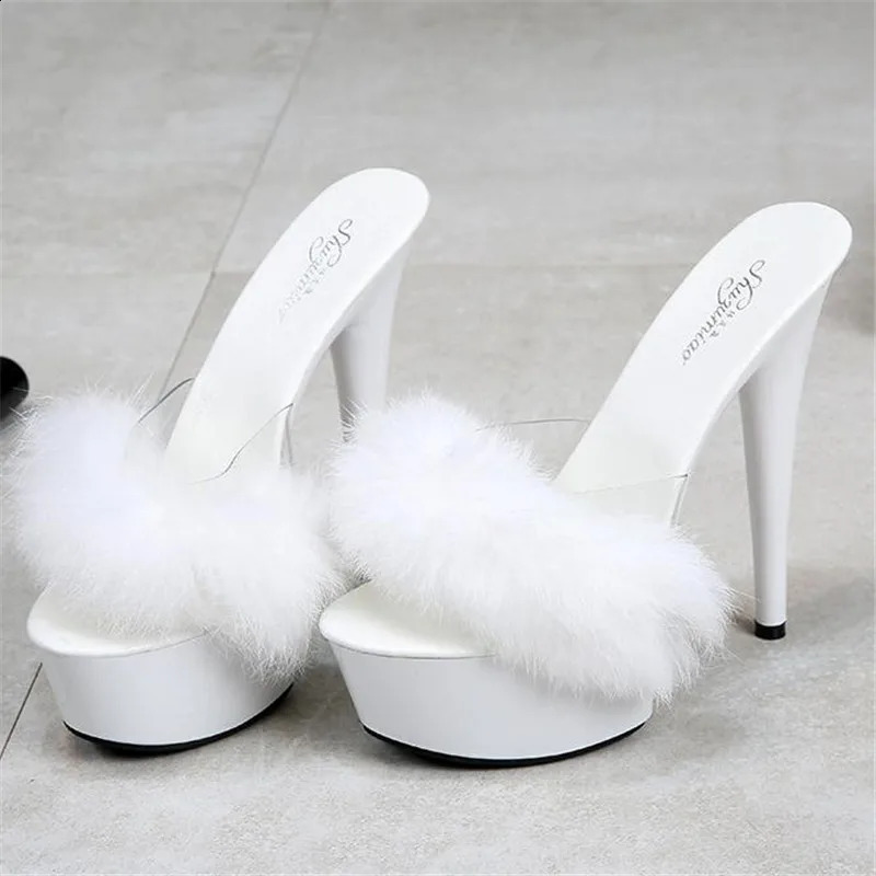 Slippers Women Club Rabbit Hair Special High Heels And Sexy Black Waterproof Platform Highheels Sandals Female LFD 231110