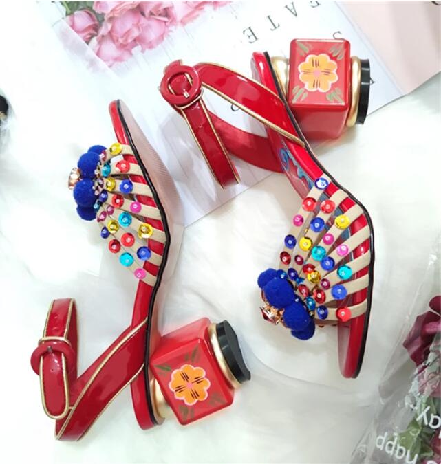 Dames sandalen buckle vintage kleur bedrukte lederen dames schoenen zomerse bloemen strass rond head open teen sexy feminino