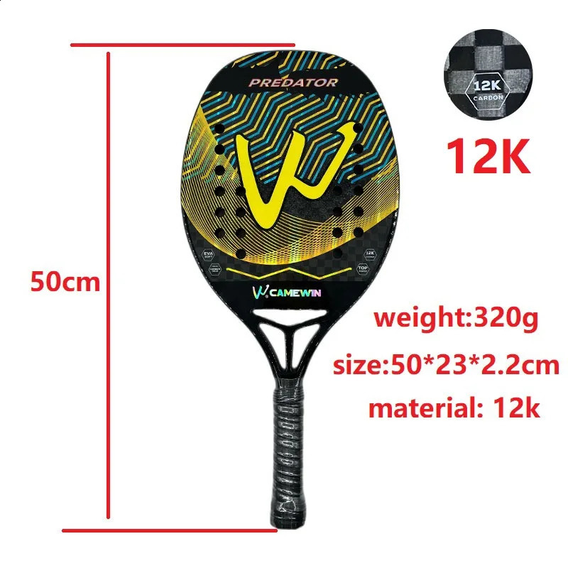 Tennis Rackets 12K Beach Tennis Racket Camewin Full Carbon Fiber Frame Holographic Feminino Masculina Kit Rude Surface Treatment With Bag 231109