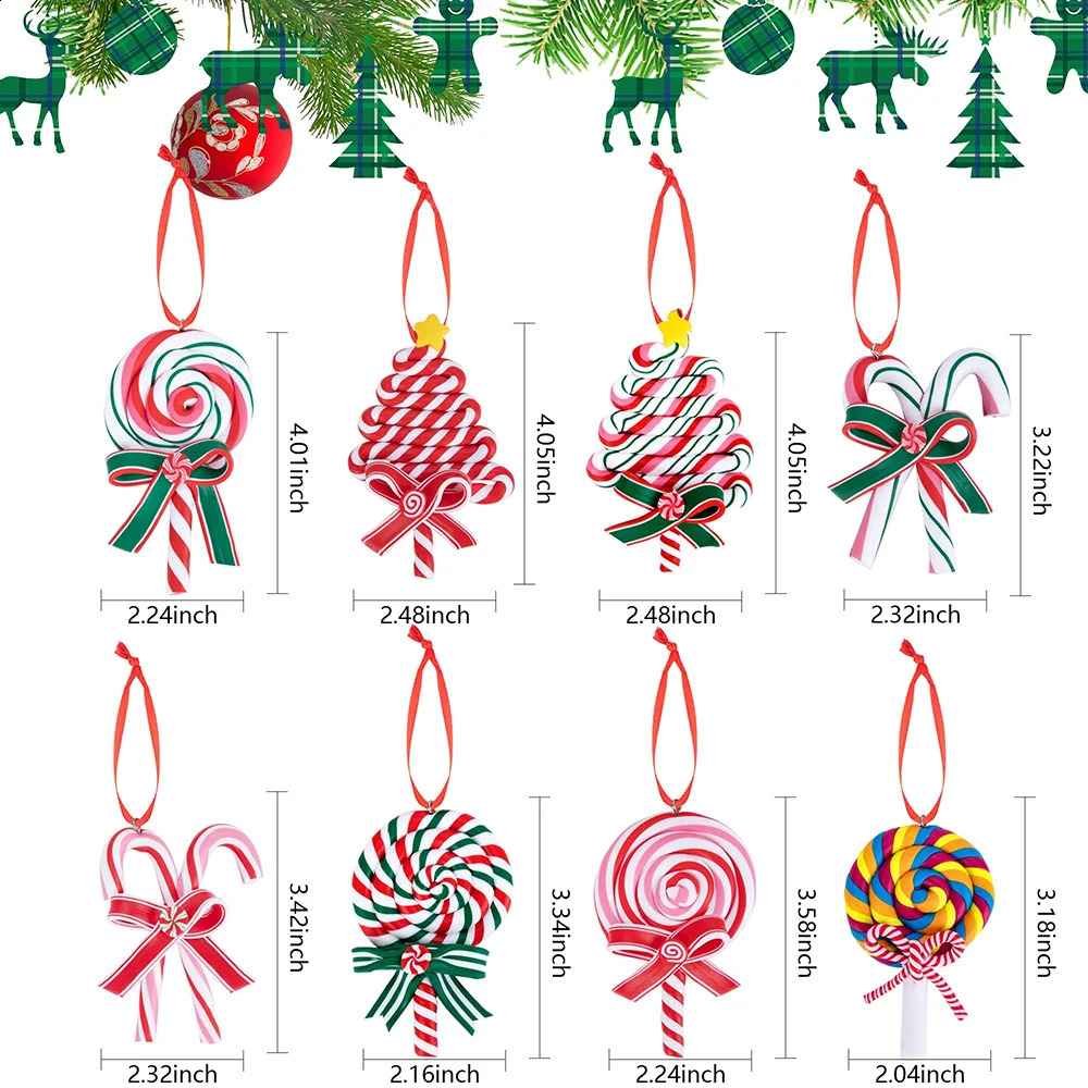 Weihnachtsdekorationen, 8 Stück, Lutscher-Ornamente, Süßigkeiten, Polymer-Ton-Ornament, Zuckerstange zum Aufhängen, Weihnachtsbaumdekoration 231109