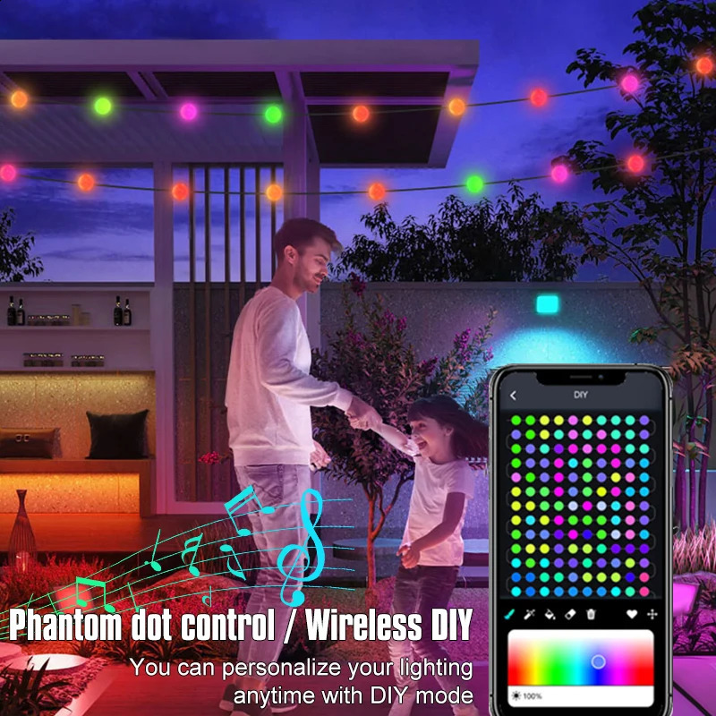 Weihnachtsdekorationen RGB IC Baum Fee String Licht LED Ball Girlande Bluetooth MultiColor Wasserdichte Outdoor Lampe Weihnachten Hochzeit Party Dekor 231109